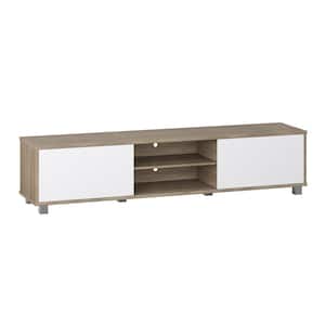 Hollywood White and brown Wood Grain TV Stand with Doors for TVs up to 85 in.