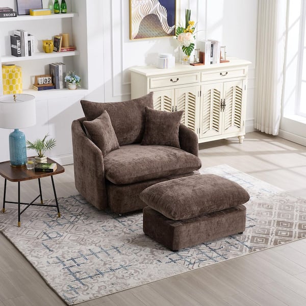 Dovrell Modern Brown Chenille Upholstered Swivel Accent Arm Chair with Ottoman, Pillows