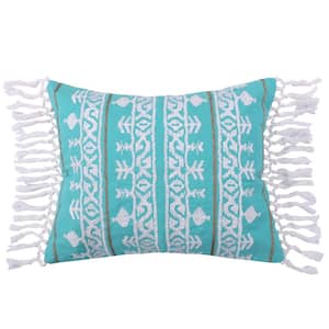 Deniza Teal, White Intricate Embroidered Medallion Stripes 18 in. x 14 in. Throw Pillow