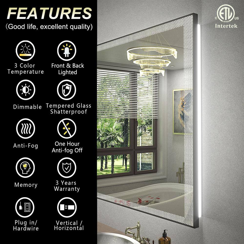 40x32 Black Framed LED Vanity Mirror with Anti-Fog Tempered Glass