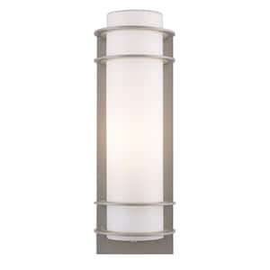 Zephyr 16.25 in. 1-Light Silver Cylinder Outdoor Wall Light Fixture with Frosted Glass