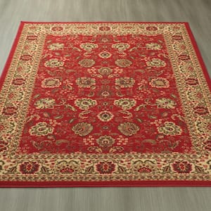 Basics Collection Non-Slip Rubberback Oriental Design 5x7 Indoor Area Rug, 5 ft. x 6 ft. 6 in., Red