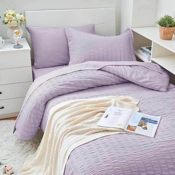 Seersucker All Seasons 5 Pieces Lavender Twin Comforter Set Soft Microfiber Bed in a Bag