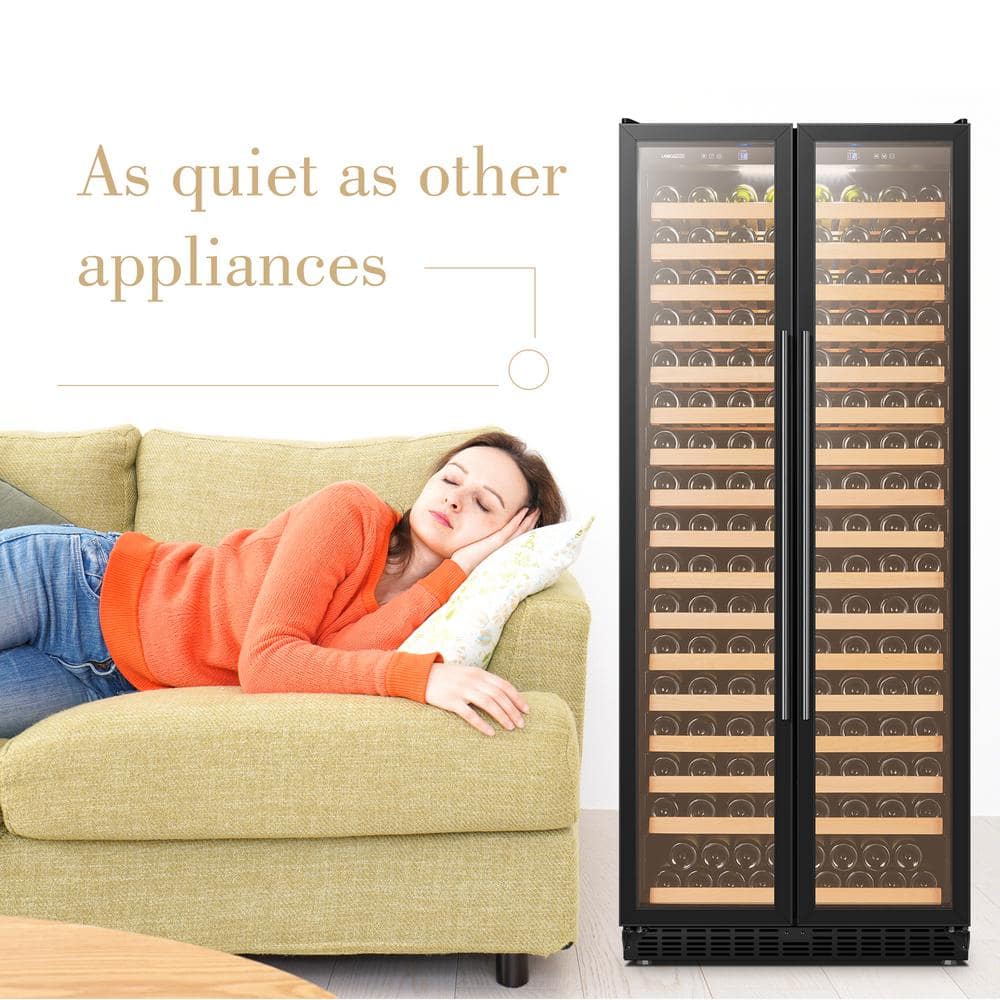 Black Freestanding Dual Door Wine Cooler with Wooden Shelves