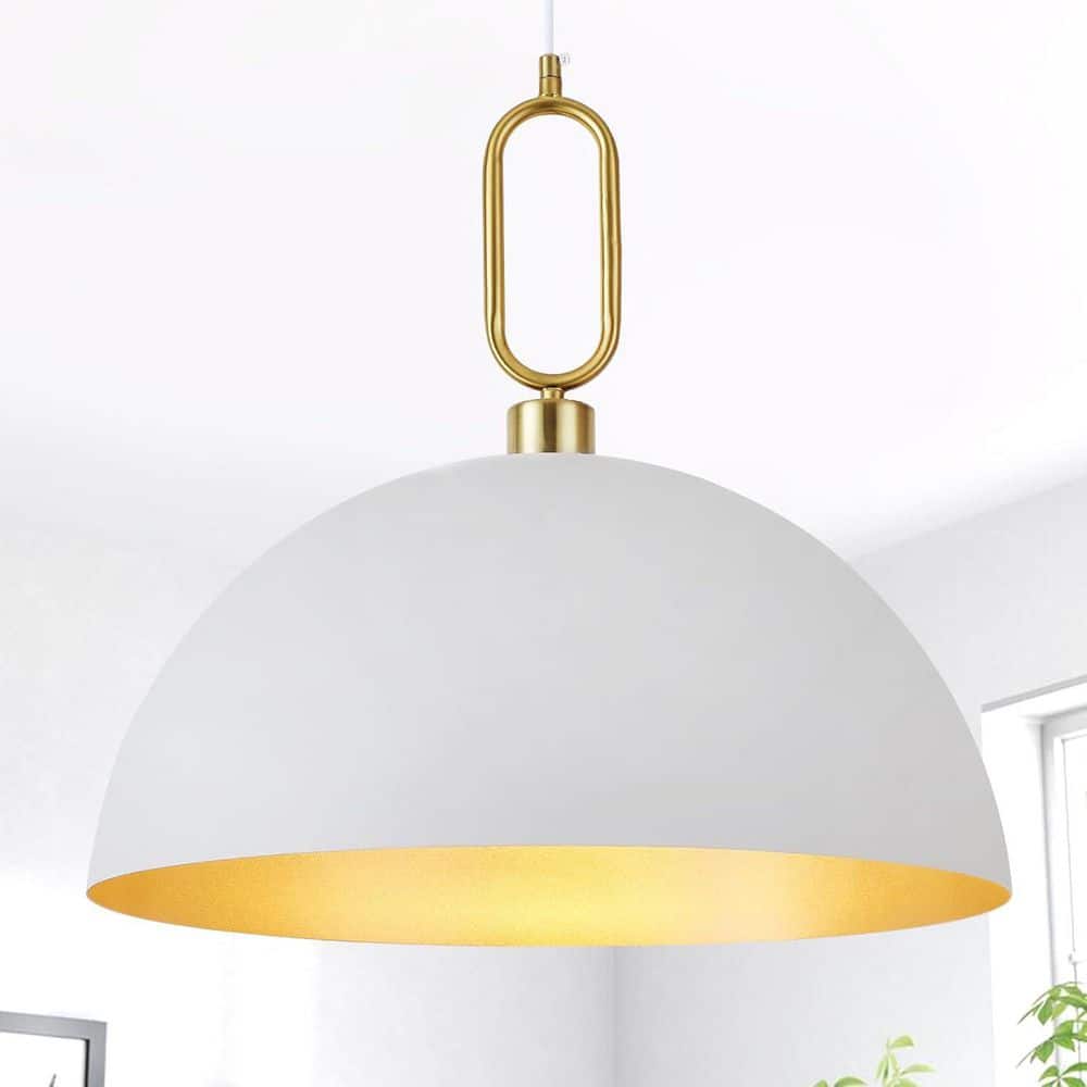 1-Light White and Gold Modern Pendant Light, Metal Dome Shade, Adjustable Hanging Ceiling Light for Bedroom and Foyer price history on PriceWatchPro