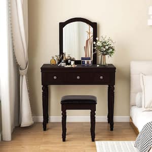 2-Piece Walnut Makeup Vanity Set Desk Cushioned Stool 3-Drawer Large Mirror