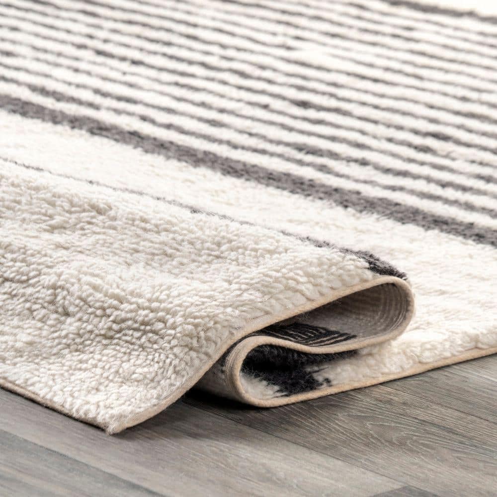 Ivory and Black Striped Wool Washable Area Rug 5' x 8'