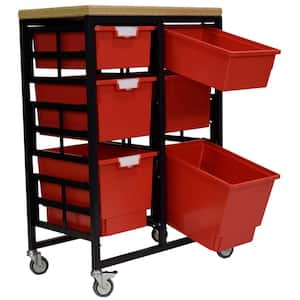 Mobile Workbench Storage Station With Wood Top -6 StorSystem Trays-Red