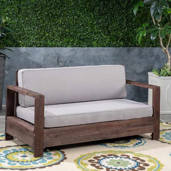 Noble House Devon Brushed Brown Wood Outdoor Loveseat with Light Grey Cushion