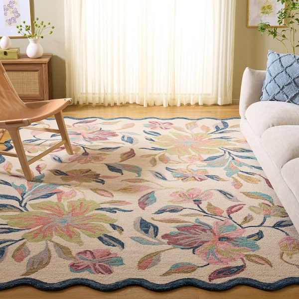 Jardin 5 ft. x 8 ft. Ivory/Blue Scalloped-Botanical Area Rug