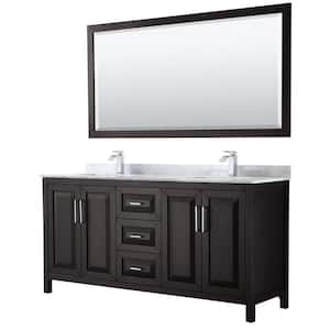 Daria 72 in. Double Bathroom Vanity in Dark Espresso with Marble Vanity Top in Carrara White and 70 in. Mirror