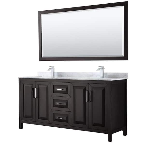Wyndham Collection Daria 72 in. Double Bathroom Vanity in Dark Espresso with Marble Vanity Top in Carrara White and 70 in. Mirror