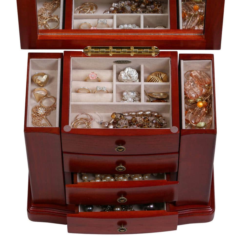 Cherry Finish Wooden Musical Jewelry Box with 3 Drawers