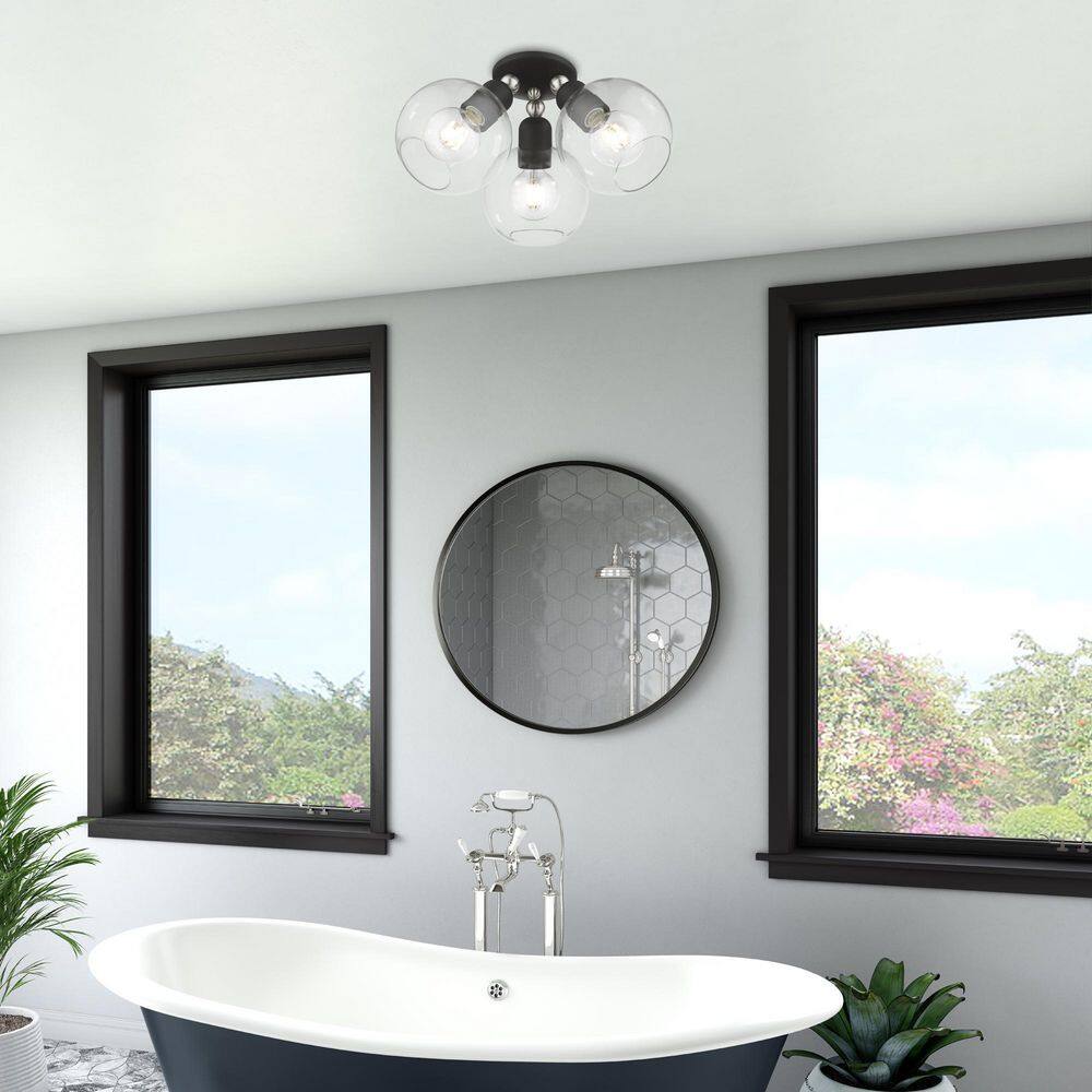 Downtown 3-Light Black and Brushed Nickel Globe Flush Mount