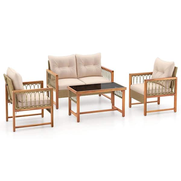 Costway 4-Piece Wood Patio Conversation Set with Coffee Table and Beige Cushions