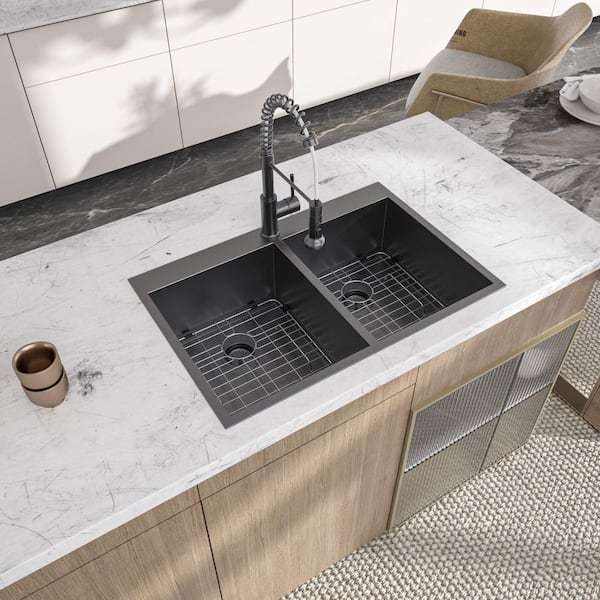 Gunmetal Black 16-Gauge Stainless Steel 33 in. Double Bowl 50/50 Drop-In Topmount Kitchen Sink with Bottom Grid