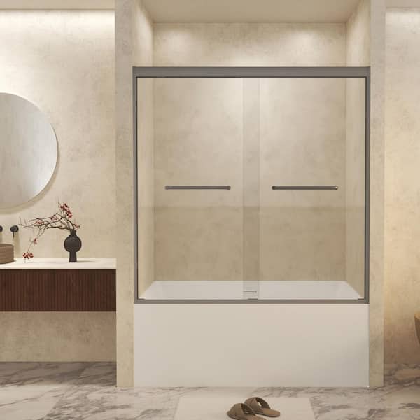 56 in.-60 in. W x 60 in. H Double Sliding Framed Shower Door in Gun Ash with 1/4 in. (6 mm) Clear Tempered Glass