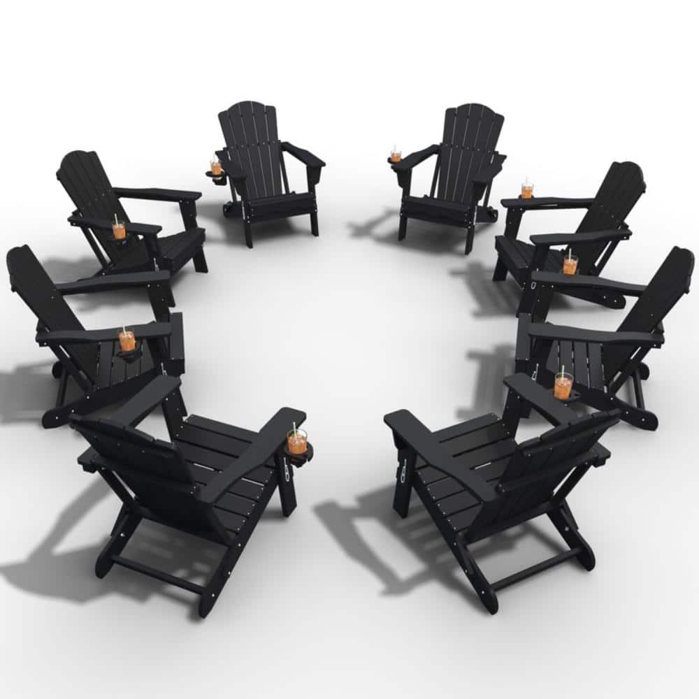 Thoeoe Black HDPE Outdoor Folding Adirondack Chair with Cup Holder