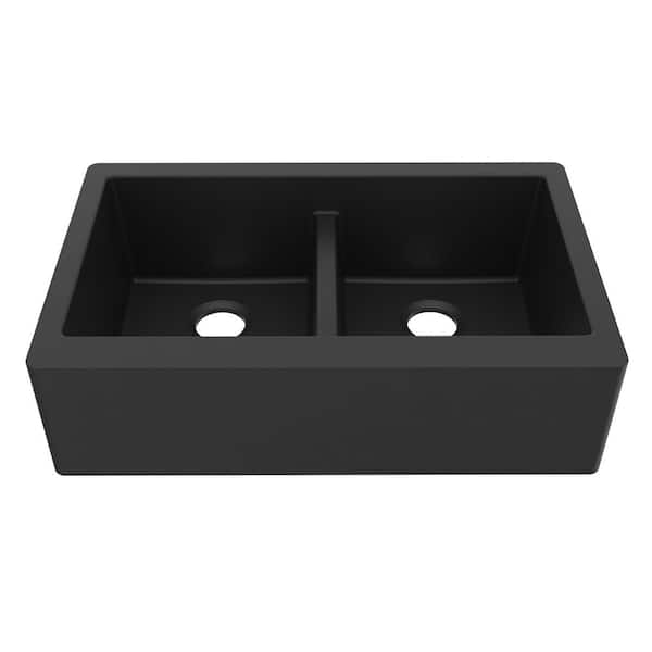 Farmhouse Apron Front Quartz/Granite Composite 34 in. Double Bowl Kitchen Sink in Black