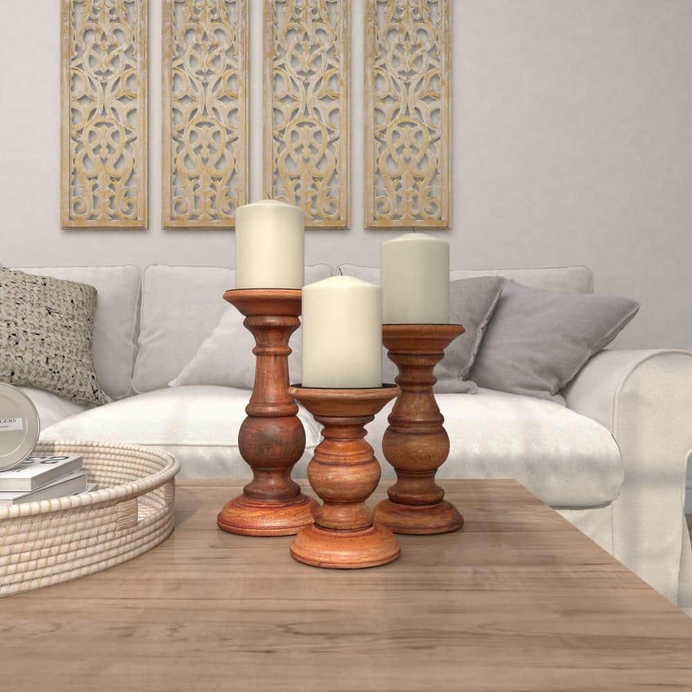 Elegant Rustic Mango Wood Pillar Candle Lantern Trio, Brown Finish