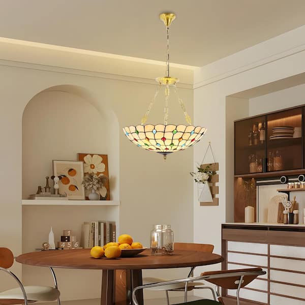 OUKANING 20.5 in. 5-Light Retro Stained Glass Shade Semi-Flush