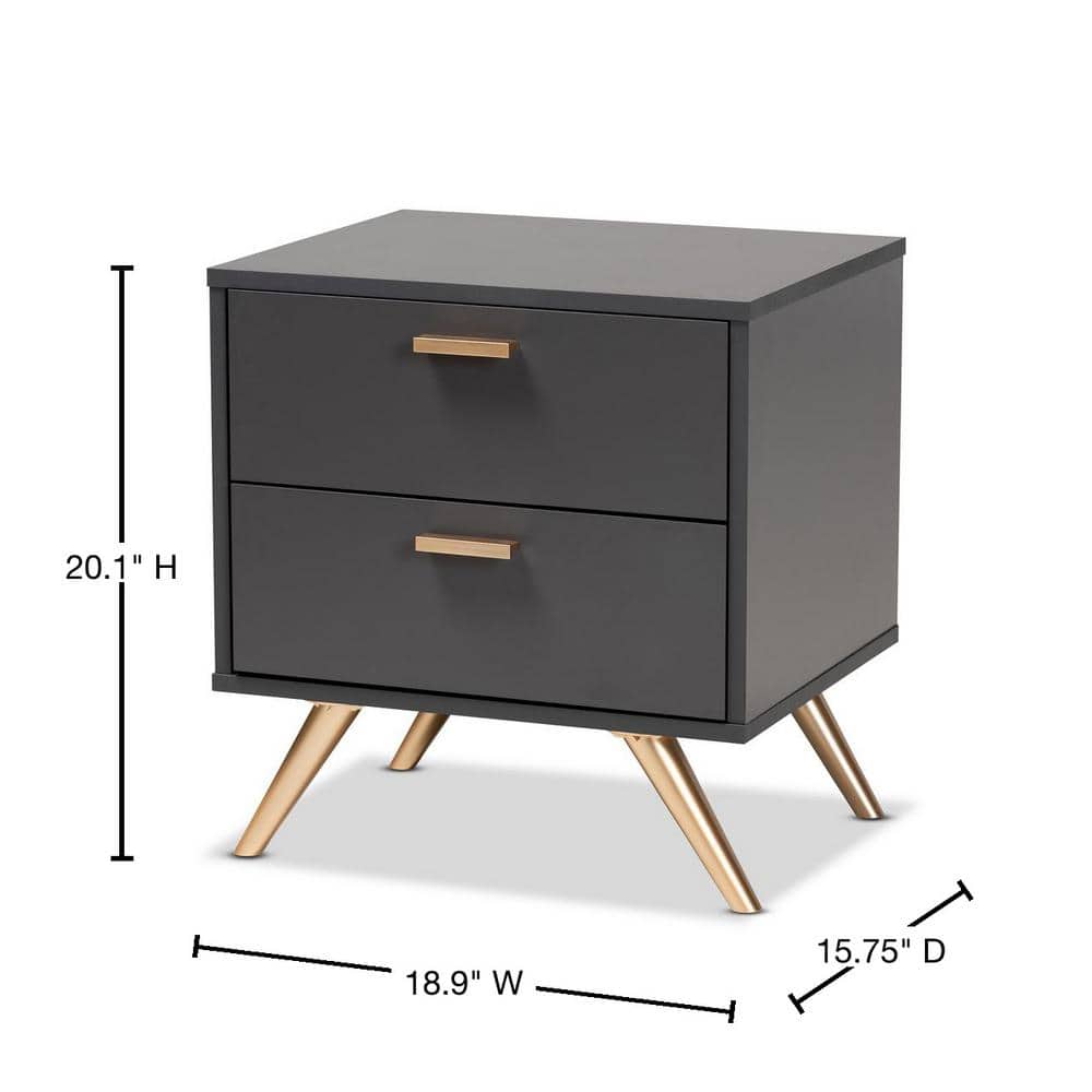Kelson Dark Gray and Gold Wood 2-Drawer Nightstand