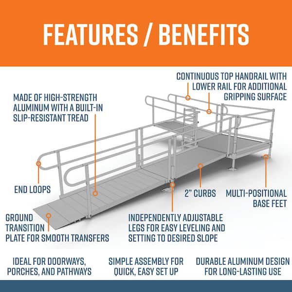 PATHWAY 18 ft. L-Shaped Aluminum Wheelchair Ramp Kit with Solid Surface Tread, 2-Line Handrails and 5 ft. Turn Platform