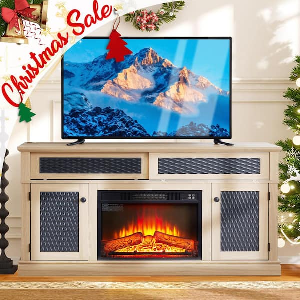 58.27 in. Freestanding TV Stand with 23 in. Electric Fireplace Insert, for TVs up to 65 in., Light Oak, Embossed Pattern