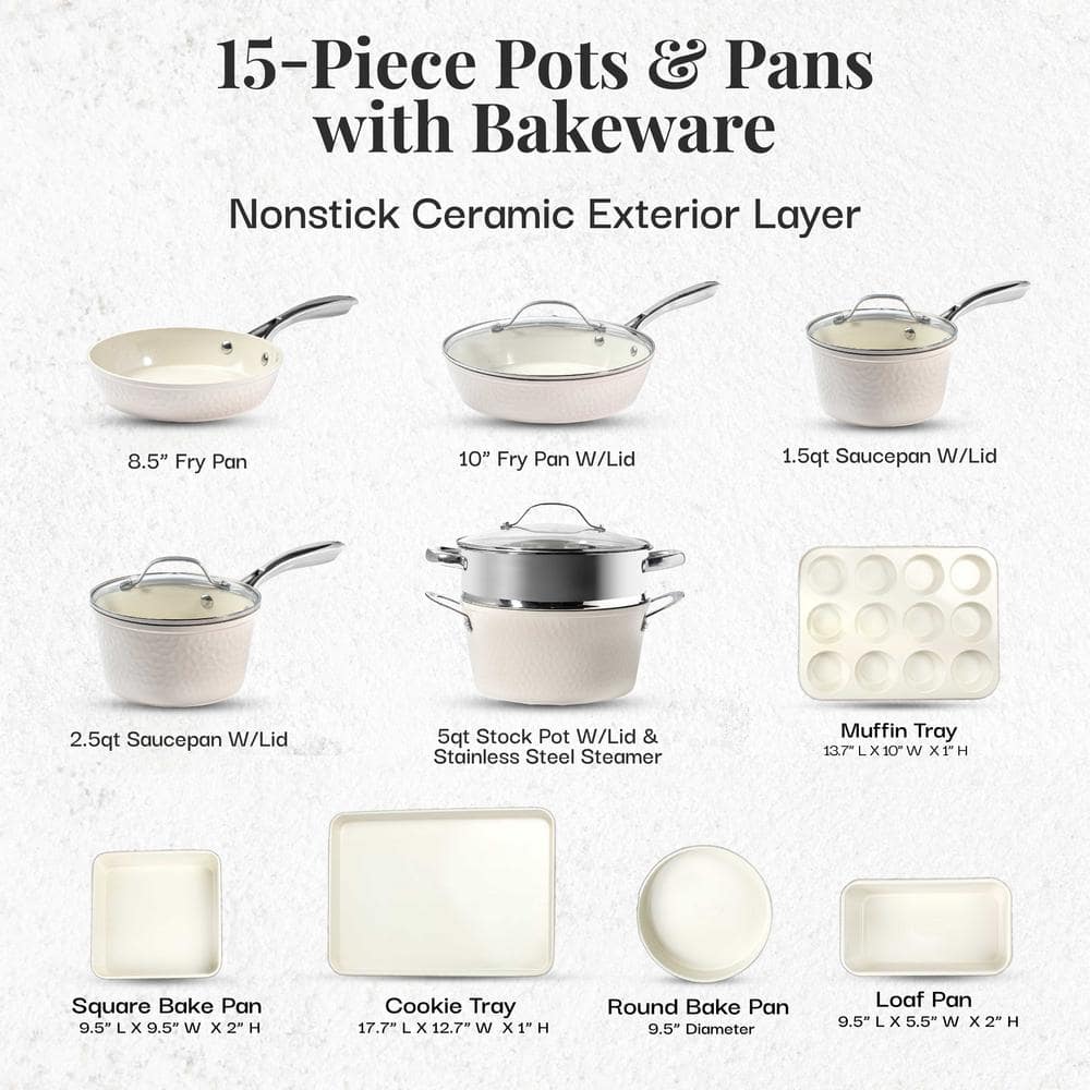 Cream Hammered 15-Piece Nonstick Ceramic Cookware and Bakeware Set