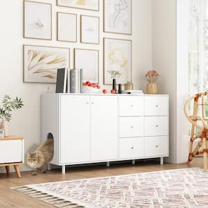 Cat House Storage Cabinet Side Table with 6-Drawer Cat Litter Box Enclosure,Wood Television Stand For Living Room,White