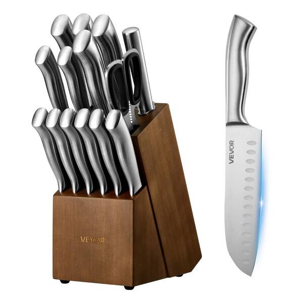 Kitchen Knife Set with Block and Sharpener, 15-Piece German High Carbon Stainless Steel Sharp Knife Set