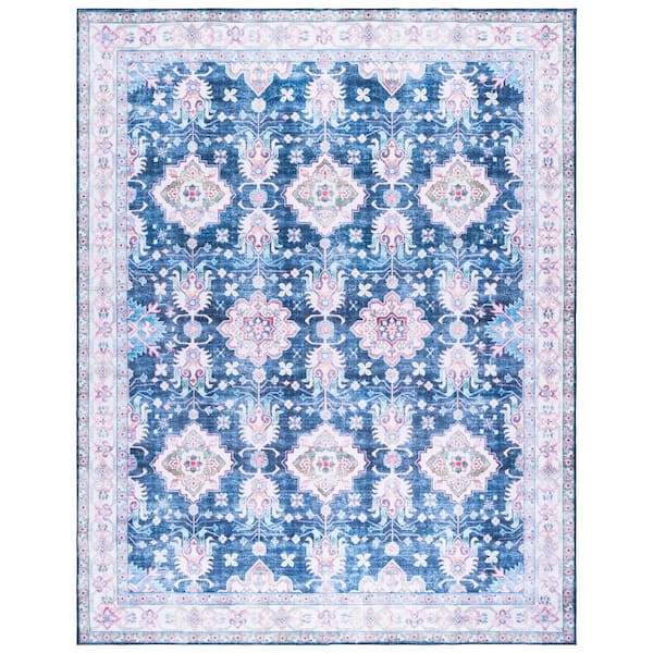 Martha Stewart Washable Navy/Beige 8 ft. x 10 ft. Machine Washable Floral Border Area Rug