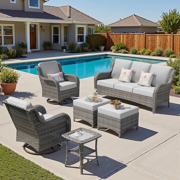 Clario 6-Piece Wicker Patio Sectional Conversation Set with Gray Cushion and 360° Rocking Swivel Chair for Backyard