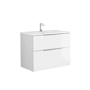 Dalia 32 in. W x 18.1 in. D x 23.8 in. H Single Sink Wall Mounted Bath Vanity in Gloss White with White Ceramic Top
