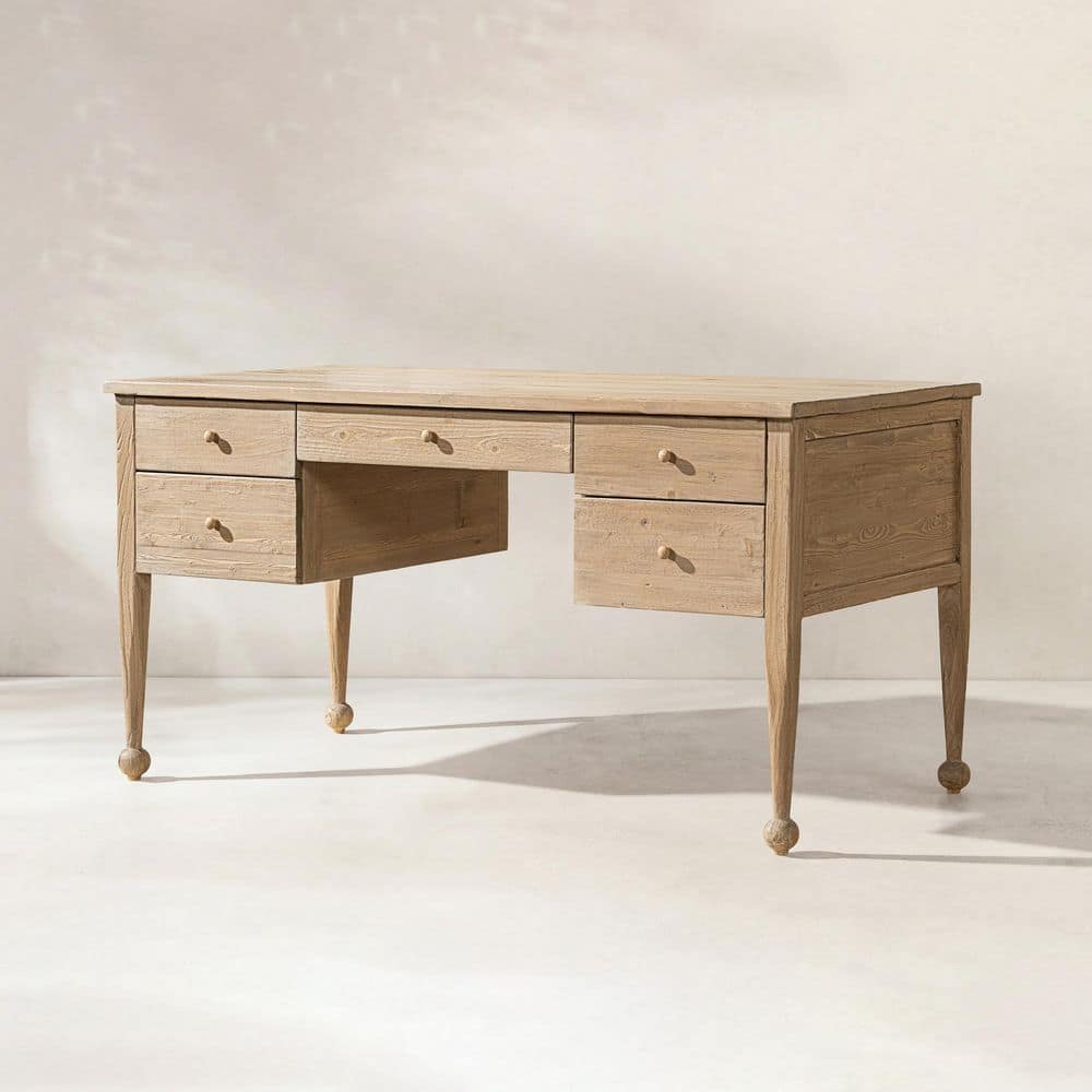Balqis 60 in. Reclaimed Pine Wood 5-Drawer Writing Desk, Heritage Light Natural Brown