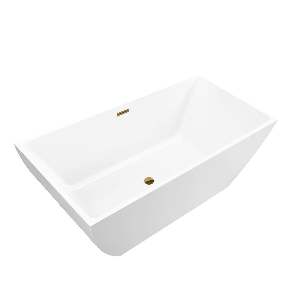 White Acrylic Freestanding Soaking Bathtub with Gold Drain