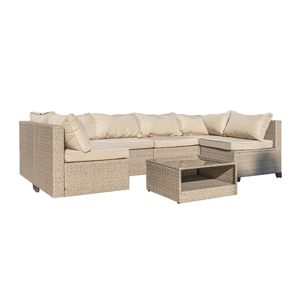 8-Piece Khaki Metal Outdoor Sectional Set with Beige Cushions