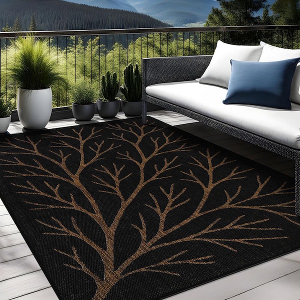Flora Gold 8 ft. x 10 ft. Coral Branch Washable Indoor Outdoor Area Rug