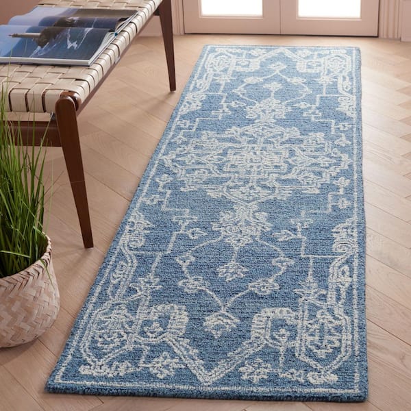 Micro-Loop 2 ft. x 8 ft. Blue/Ivory Ornate Medallion Runner Rug
