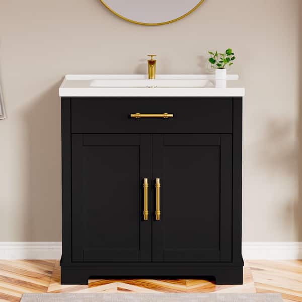 30 in. Black Wood Freestanding Bathroom vanity with White Ceramic Sink