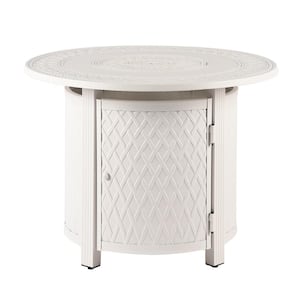 34 in. x 34 in. White Round Aluminum Propane Fire Pit Table with Glass Beads, 2 Covers, Lid, 37,000 BTUs
