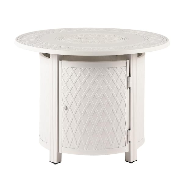 Oakland Living 34 in. x 34 in. White Round Aluminum Propane Fire Pit Table with Glass Beads, 2 Covers, Lid, 37,000 BTUs
