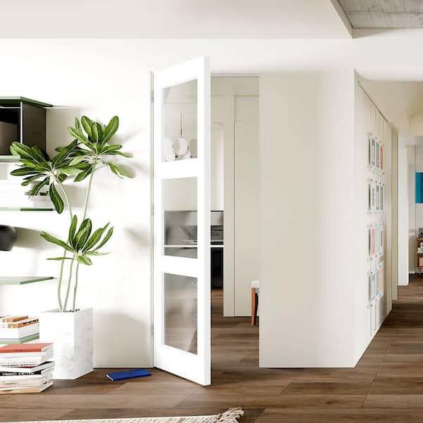 32 in. x 80 in. 3 Lite, Clear Glass, White Primed, MDF Prehung Interior Door Left-Handed with Door Jamb and Hardware Kit