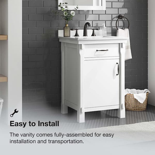Bellington 24 in. W x 22 in. D x 34 in. H Single Sink Bath Vanity in White with White Engineered Stone Top