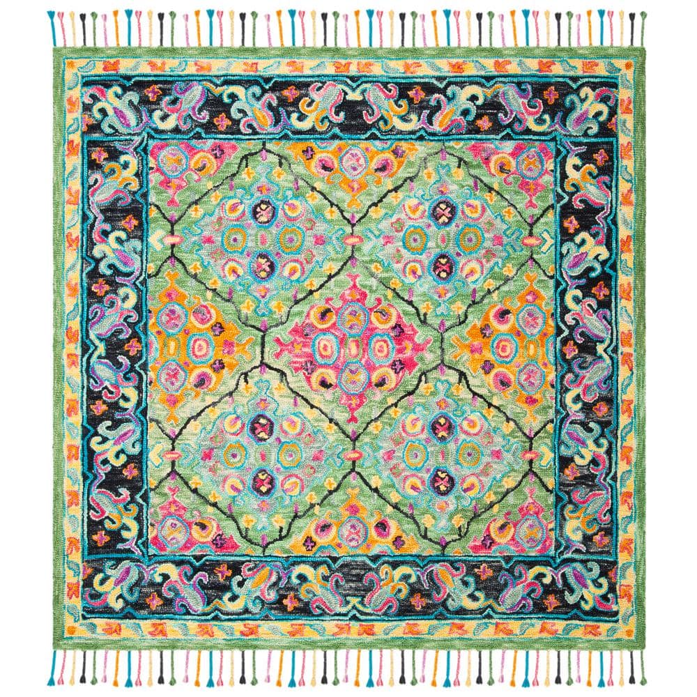 Black Floral Tufted Wool Square Rug - Easy Care, Handmade