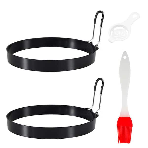 2-Pack 6" Round Stainless Steel Pancake Mold with Non-Slip Handle, Oil Brush and Egg Separator for Easy Cooking