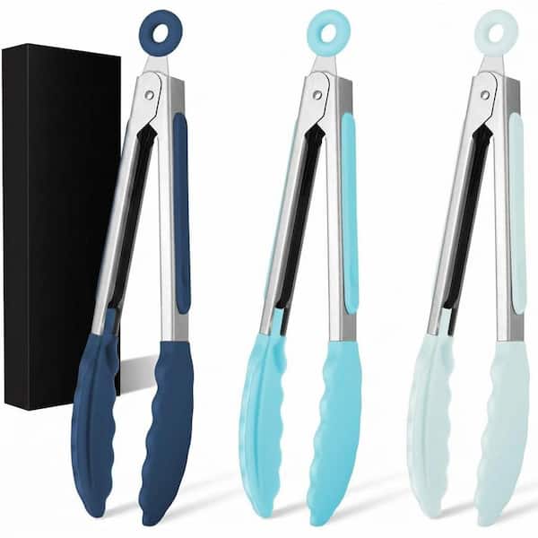 Blue Silicone Finish Mini Kitchen Tongs with Heat Resistant Tips for Cooking and Serving, (Set of 3)