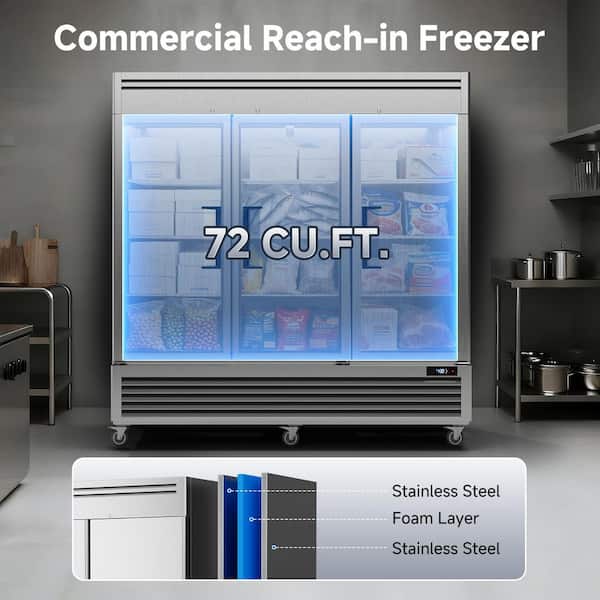Coolake 82 in 72 cu. ft. Commercial Reach-In Freezer 3 Solid Doors