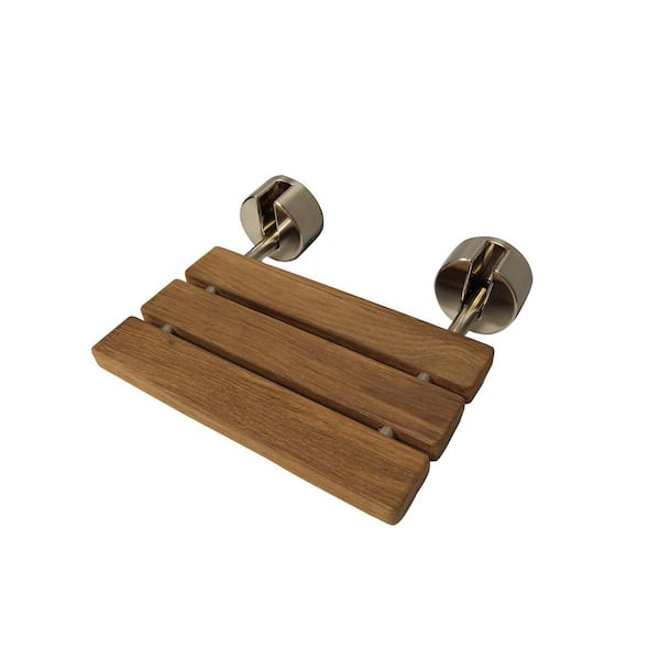 16 in. Teak Wall-Mounted Shower Seat with Round Brackets in Brushed Nickel