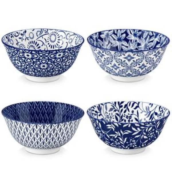 24 oz. 6.2 in. Blue and White Porcelain Bowls Set of 4 Cereal Bowls Salad Bowls Soup Bowls for Pasta Cereal Salad Fruit